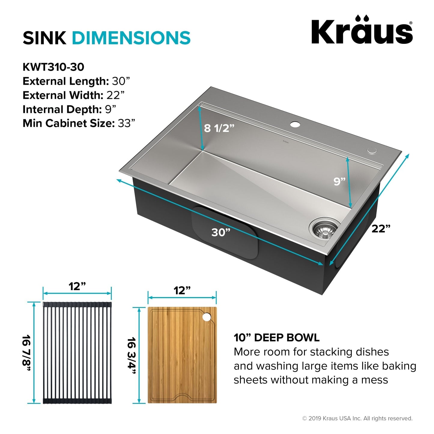KRAUS Kore 30" Drop-In Workstation 16 Gauge Stainless Steel Single Bowl Kitchen Sink with Accessories - KWT310-30