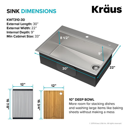 KRAUS Kore 30" Drop-In Workstation 16 Gauge Stainless Steel Single Bowl Kitchen Sink with Accessories - KWT310-30