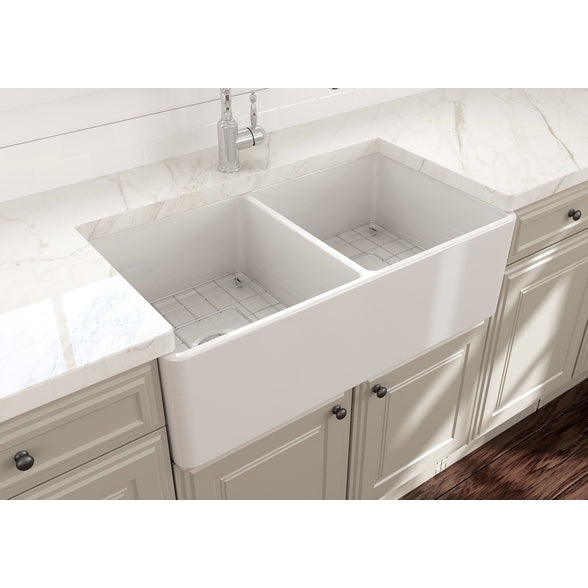 Bocchi Classico Farmhouse Apron Front Fireclay 33" Double Bowl Kitchen Sink. Available in 9 Colors! - 1139-001-0120