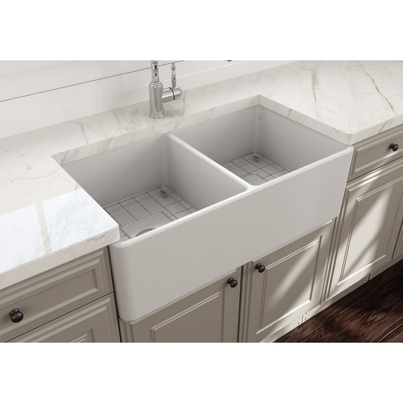 Bocchi Classico Farmhouse Apron Front Fireclay 33" Double Bowl Kitchen Sink. Available in 9 Colors! - 1139-001-0120