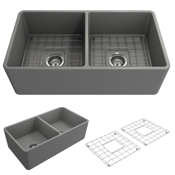 Bocchi Classico Farmhouse Apron Front Fireclay 33" Double Bowl Kitchen Sink. Available in 9 Colors! - 1139-001-0120