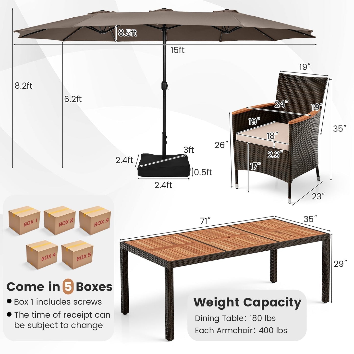 Costway Patio Dining Set 10 Pieces with 15' Double-Sided Umbrella New - NP11368CF+HW71814+