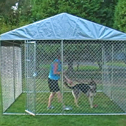 Lucky Dog 10 x 10 Ft Outdoor Steel Chain Link Dog Kennel & Waterproof Roof Cover - 126758