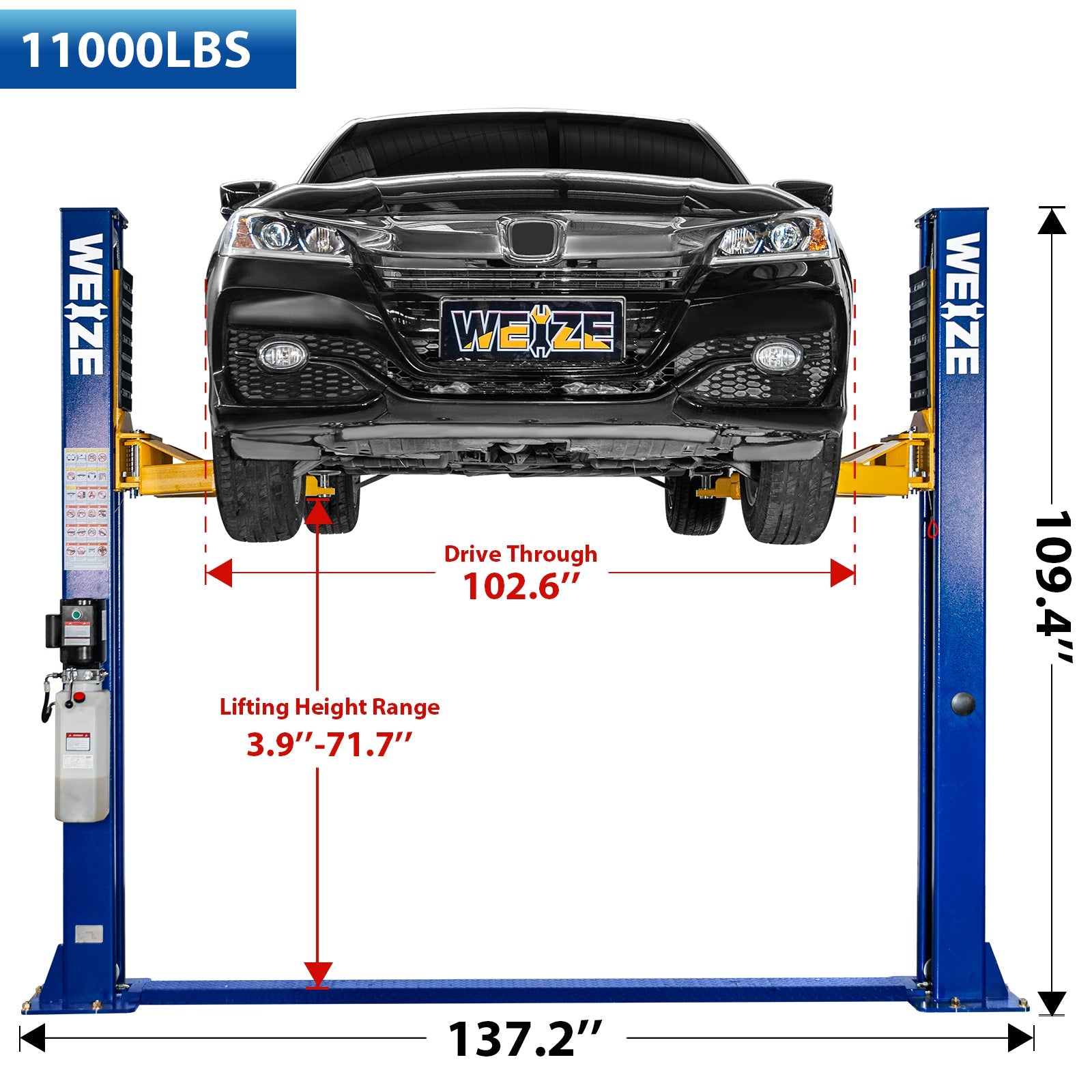 WEIZE 2 Post Automotive Lift, 11000 lbs Capacity with 220V 3HP Motor and Double Point Lock Release - 2,699.99