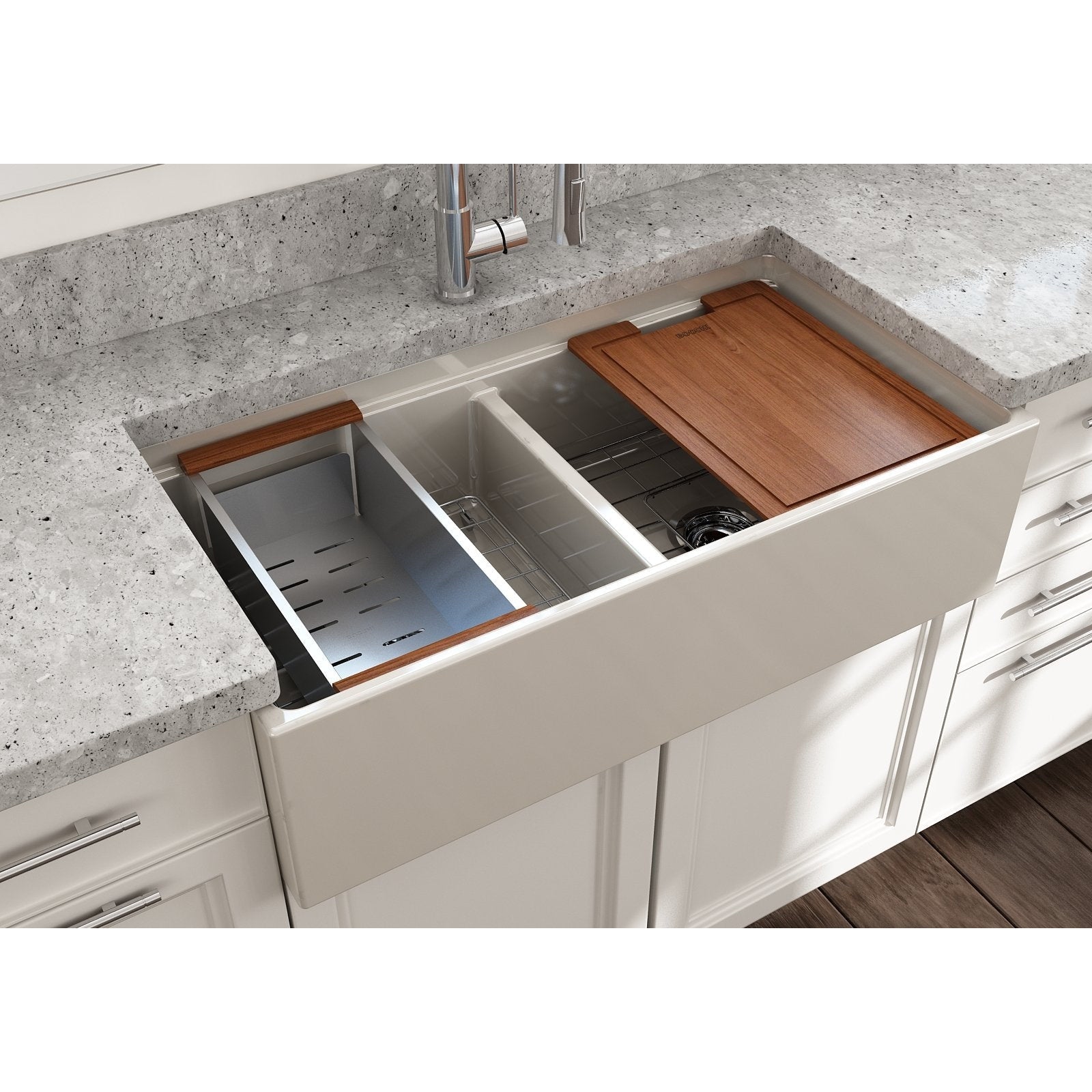 Bocchi Contempo Apron Front Step Rim Fireclay 36" Double Bowl Kitchen Sink with Cutting Board. Available in 9 Colors! - 1348-001-0120