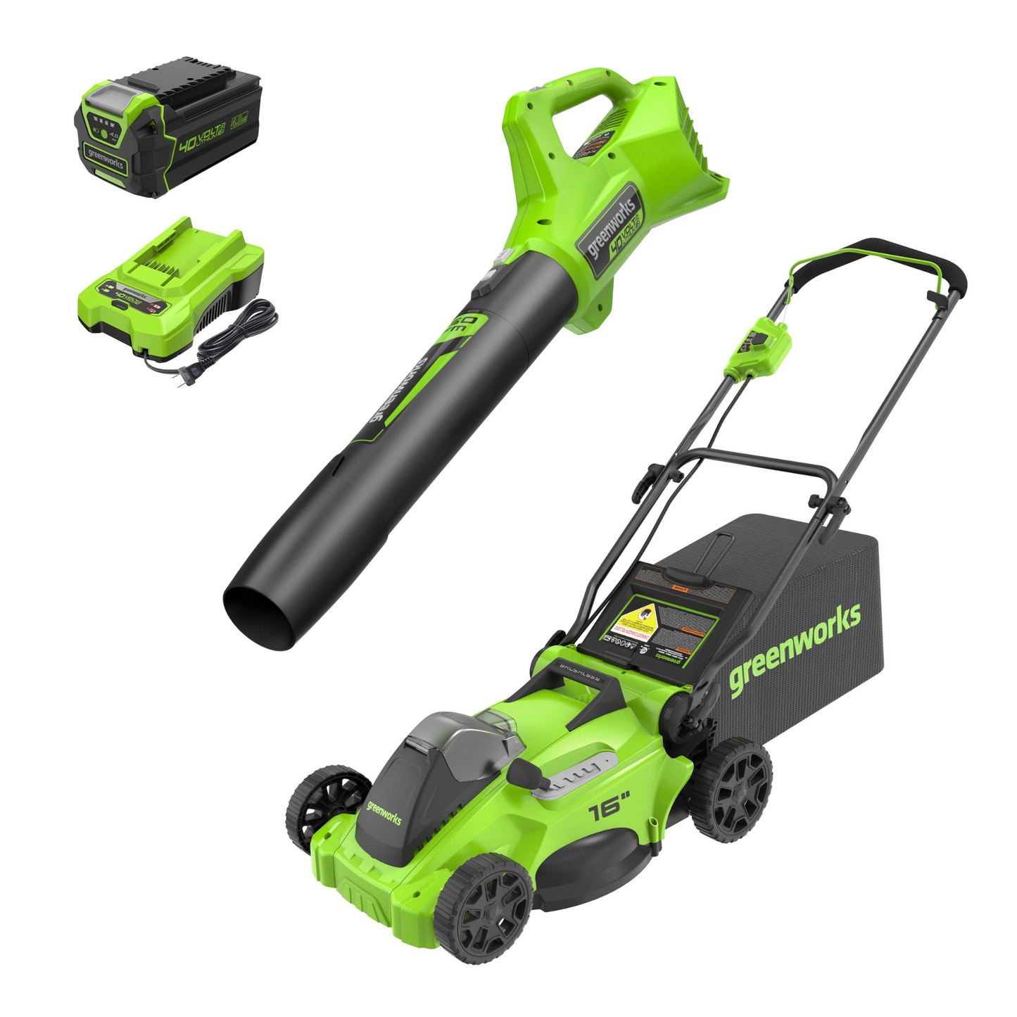 Greenworks 40V 16" Cordless Battery Brushless Push Lawn Mower & 350 CFM Blower Combo Kit w/ 4.0Ah Battery & Charger - 1348802