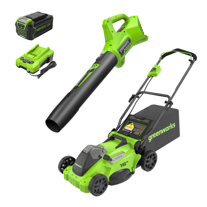 Greenworks 40V 16" Cordless Battery Brushless Push Lawn Mower & 350 CFM Blower Combo Kit w/ 4.0Ah Battery & Charger - 1348802
