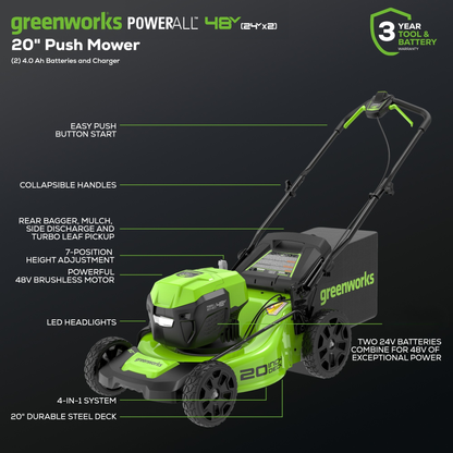 Greenworks 48V (24V x 2) 20" Cordless Battery Push Mower 4PC Combo Kit w/ (2) 4.0Ah Batteries & Dual Port Chargers - 134910200