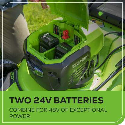 Greenworks 48V (24V x 2) 20" Cordless Battery Push Mower 4PC Combo Kit w/ (2) 4.0Ah Batteries & Dual Port Chargers - 134910200