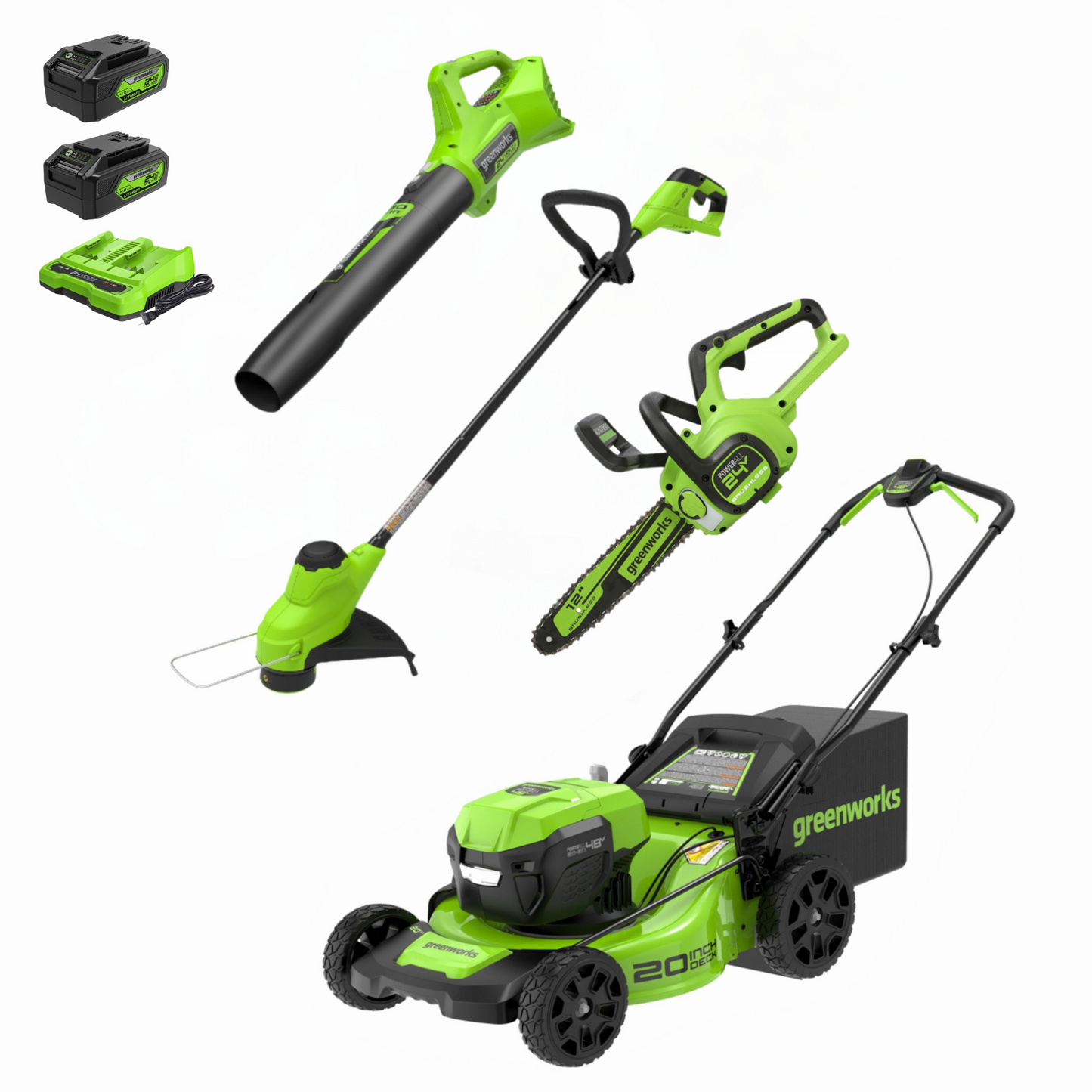 Greenworks 48V (24V x 2) 20" Cordless Battery Push Mower 4PC Combo Kit w/ (2) 4.0Ah Batteries & Dual Port Chargers - 134910200