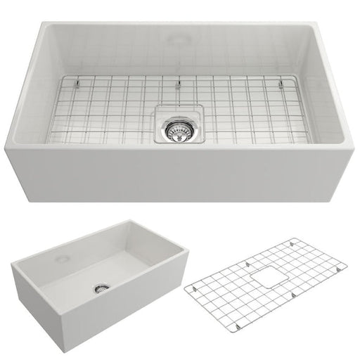 Bocchi Contempo Apron Front Fireclay 33" Single Bowl Kitchen Sink with Protective Bottom Grid and Strainer, Available in 9 colors! - 1352-001-0120