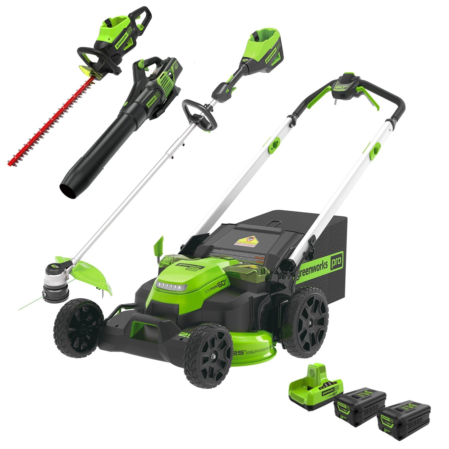 Greenworks 60V 25" Self-Propelled Lawn Mower 4-pc Combo Kit w/ (2) 4.0Ah Batteries and Dual Port Charger  - 1357702-VK