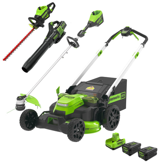 Greenworks 60V 25" Self-Propelled Lawn Mower 4-pc Combo Kit w/ (2) 4.0Ah Batteries and Dual Port Charger  - 1357702-VK