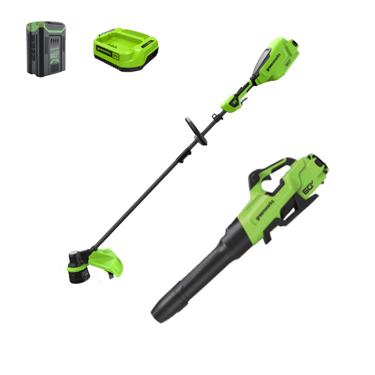 Greenworks 60V 16" Cordless Battery String Trimmer + 750CFM Blower w/2.5Ah Battery and 3A Charger - 1359702