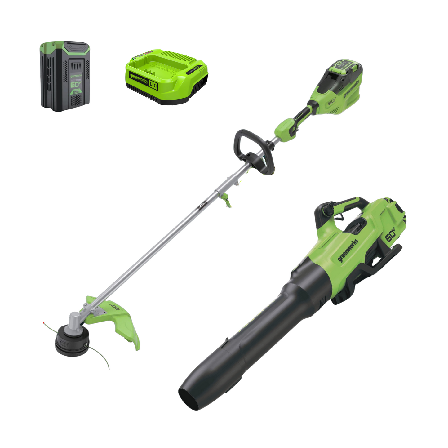 Greenworks 60V 16" Cordless Battery Top Mount String Trimmer + 750CFM Blower w/2.5Ah Battery and 3A Charger - 1359902