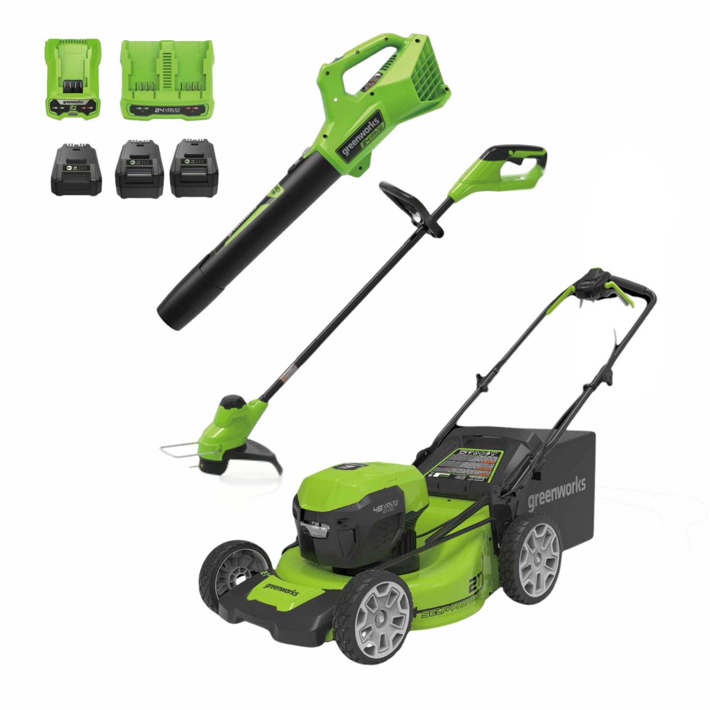 Greenworks RENEWED 48V (24V x 2) 21" Cordless Battery Push Mower 3PC Combo Kit w/ (2) 5.0Ah Batteries,(1) 2.0Ah Battery,(1) Dual Port Rapid Charger & (1) Charger - 1366402-OB