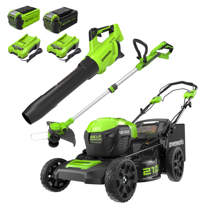 Greenworks RENEWED 40V 21" Cordless Battery Self-Propelled Lawn Mower 3PC Combo Kit w/ (1) 5.0Ah Battery, (1) 2.0Ah Battery & (2) Chargers - 1369202-OB