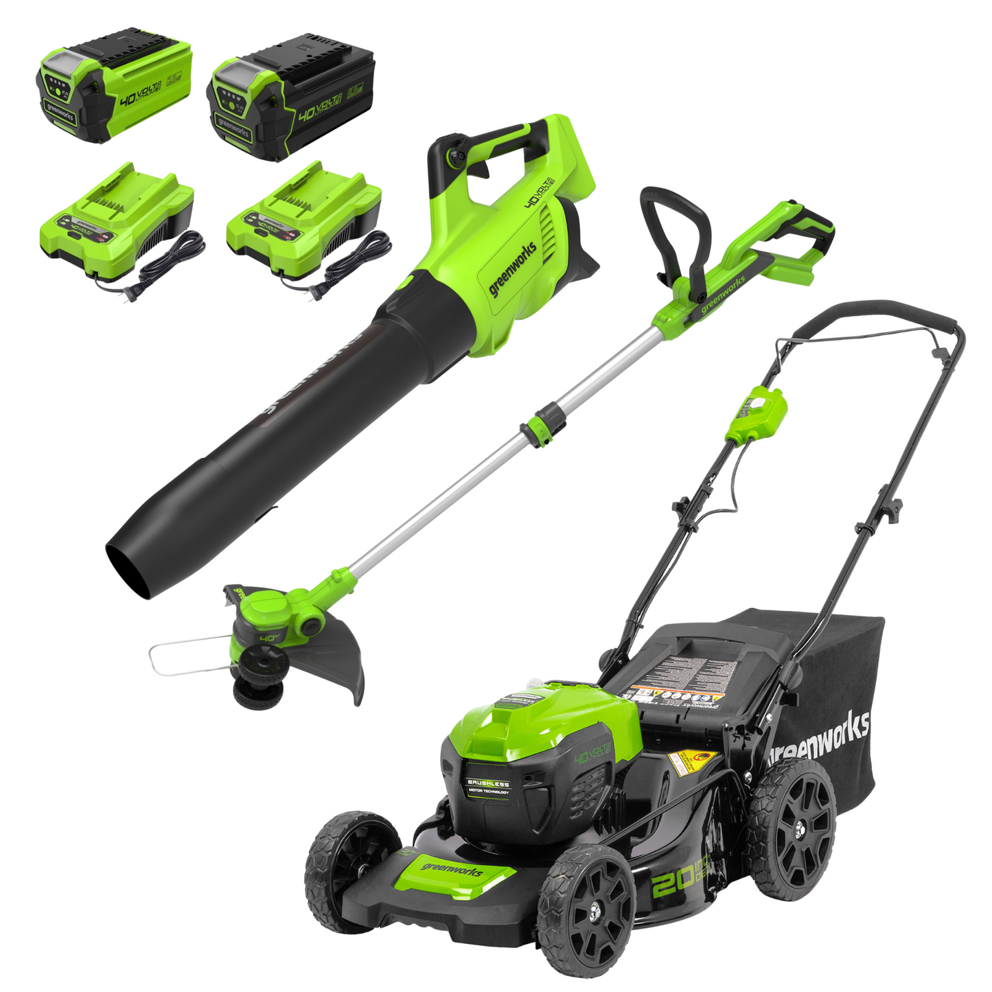 Greenworks 40V 20" Cordless Battery Push Lawn Mower 3PC Combo Kit w/ (1) 5.0Ah Battery, (1) 2.0Ah Battery & (2) Chargers - 1369302