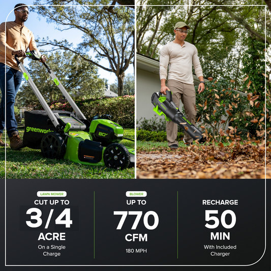 Greenworks 80V 21" Cordless Battery 4-in-1 Self-Propelled Lawn Mower & 700CFM Blower Combo Kit w/ 5.0Ah Battery & 6A Charger - 1369502