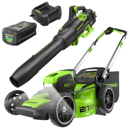 Greenworks 80V 21" Cordless Battery 4-in-1 Push Lawn Mower & 700CFM Blower Combo Kit w/ 5.0Ah Battery & 6A Charger - 1369602