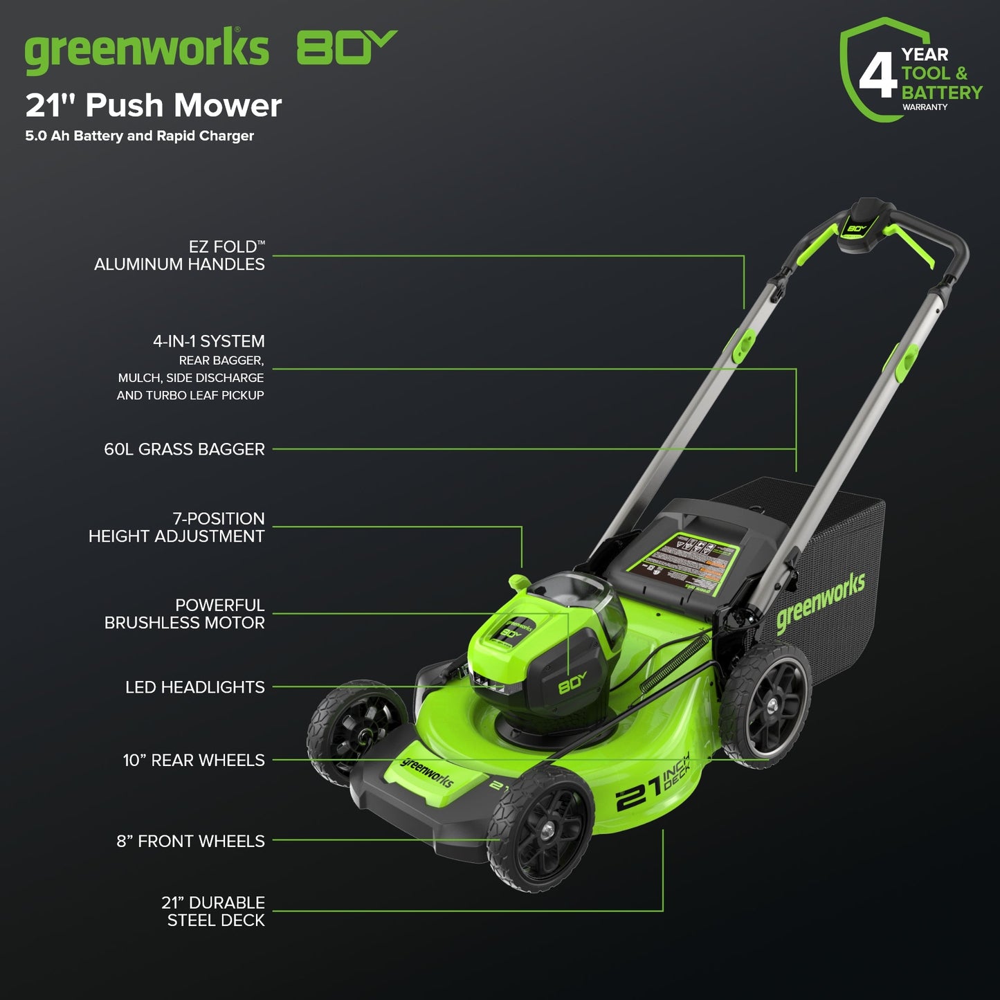 Greenworks 80V 21" Cordless Battery 4-in-1 Push Lawn Mower & 700CFM Blower Combo Kit w/ 5.0Ah Battery & 6A Charger - 1369602