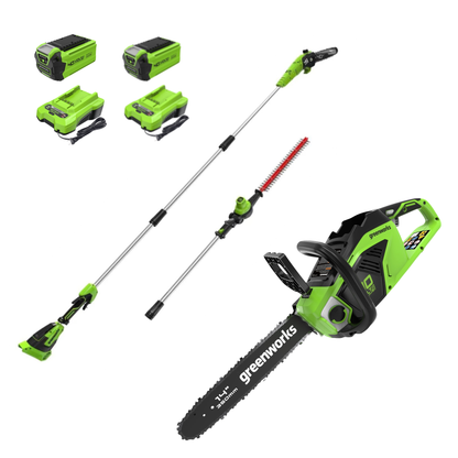 Greenworks 40V 14" Cordless Battery 1.0kW Chainsaw & 10" Pole Saw & Hedge Trimmer Attachment w/ (2) 2.5Ah Battery & (2) Chargers - 1379002-VK