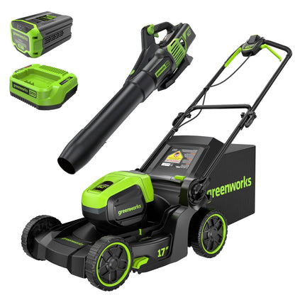Greenworks 60V 17" Cordless Battery Push Lawn Mower and 610 CFM Jet Blower Combo Kit w/ 4.0Ah Battery & Charger - 1382602