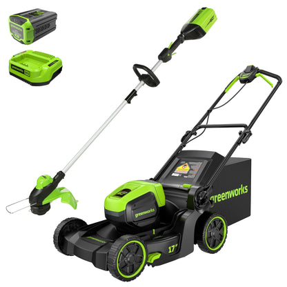 Greenworks 60V 17" Cordless Battery Push Lawn Mower and 13" String Trimmer Combo Kit w/ 4.0Ah Battery & Charger - 1382702