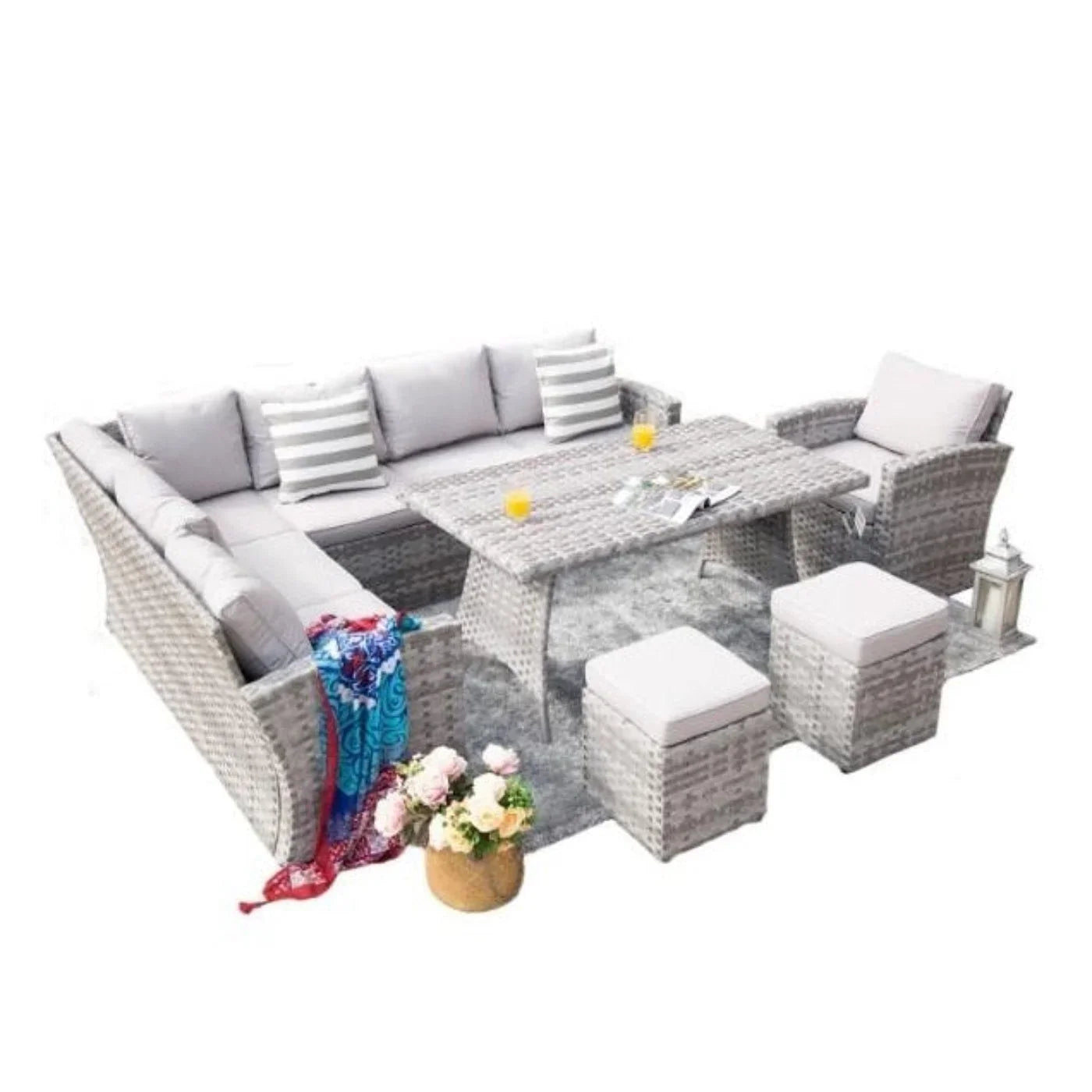 145.08 X 31.98 X 32.37 Gray 6-Piece Wide Outdoor Sectional Set with Cushions and Ottomans - 372329