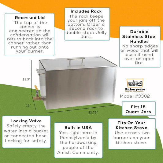 DS 15 quart Stove Top Water Bath Canner (2022 STYLE), Large Stock Pot /With Drain Valve - Not Polished - 3302-DS15V-1