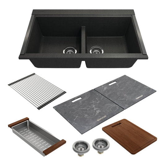 Bocchi 34" Undermount Double Bowl Composite Workstation Kitchen Sink with Covers in Metallic Black - 1618-505-0126HP