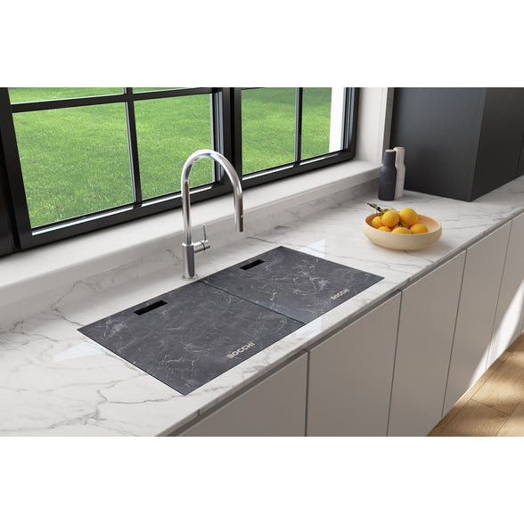 Bocchi 34" Undermount Double Bowl Composite Workstation Kitchen Sink with Covers in Milk White - 1618-507-0126HP