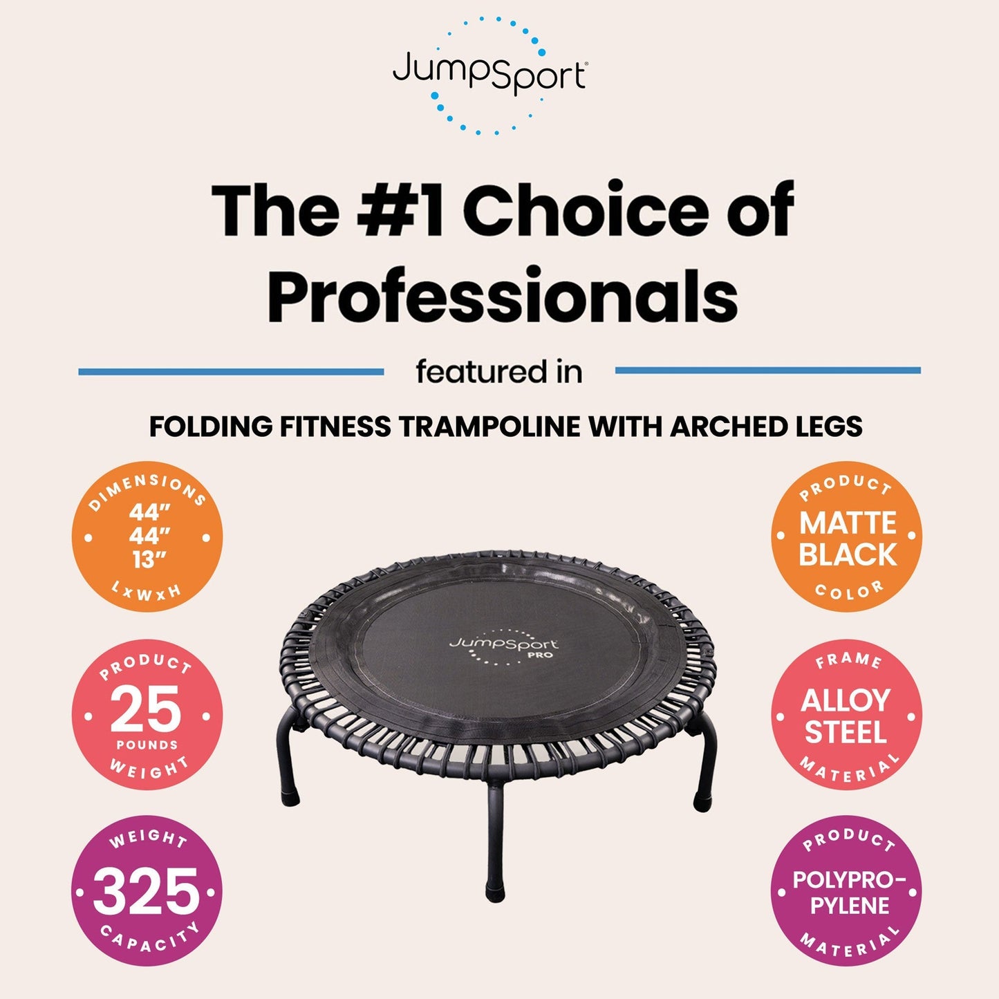 Disc-O-Bed JumpSport 550f PRO Indoor Lightweight 44 Inch Folding Fitness Trampoline, Black - 168419