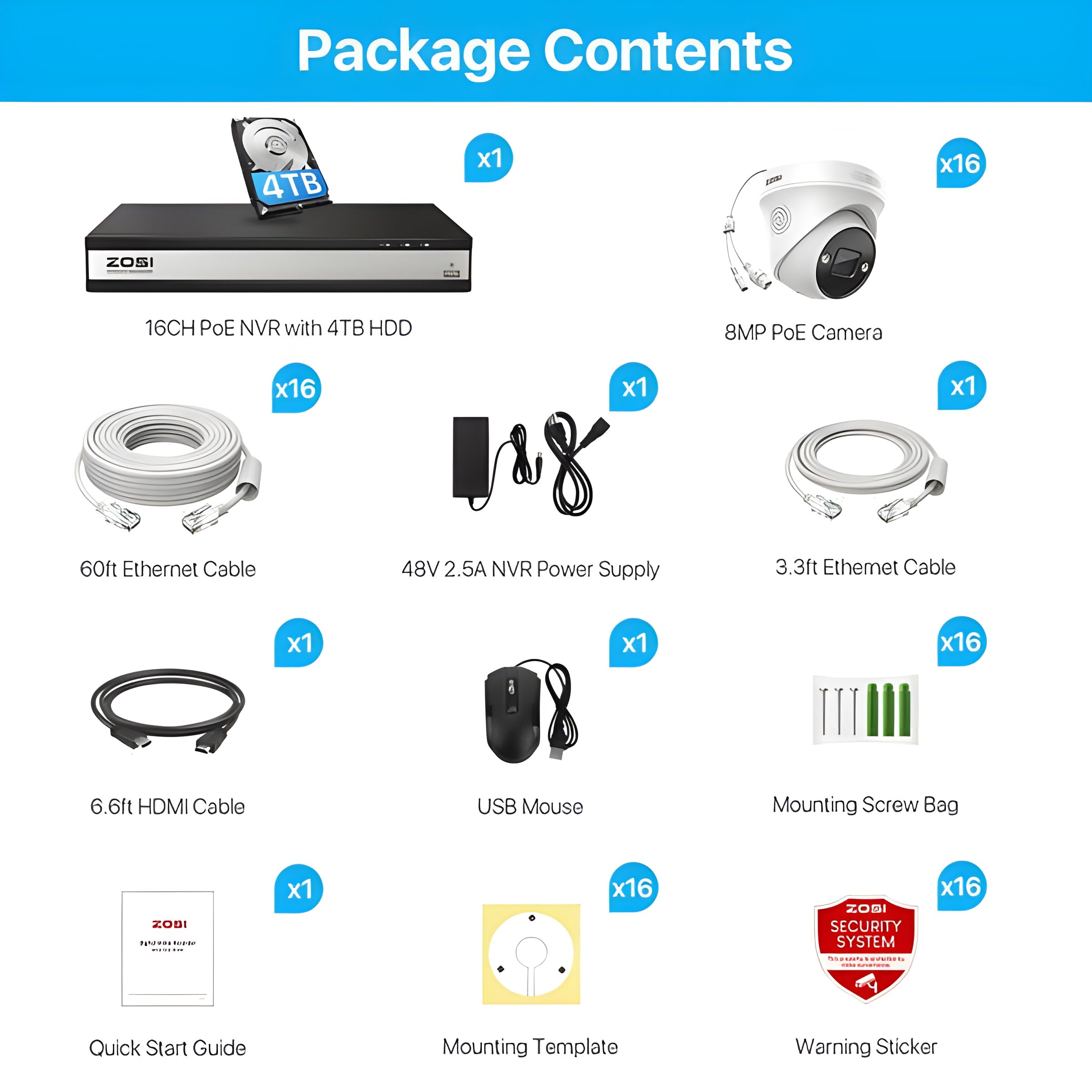 Zosi C225 4K 16 Channel PoE NVR Security System + 4TB Hard Drive - C225 4K 161