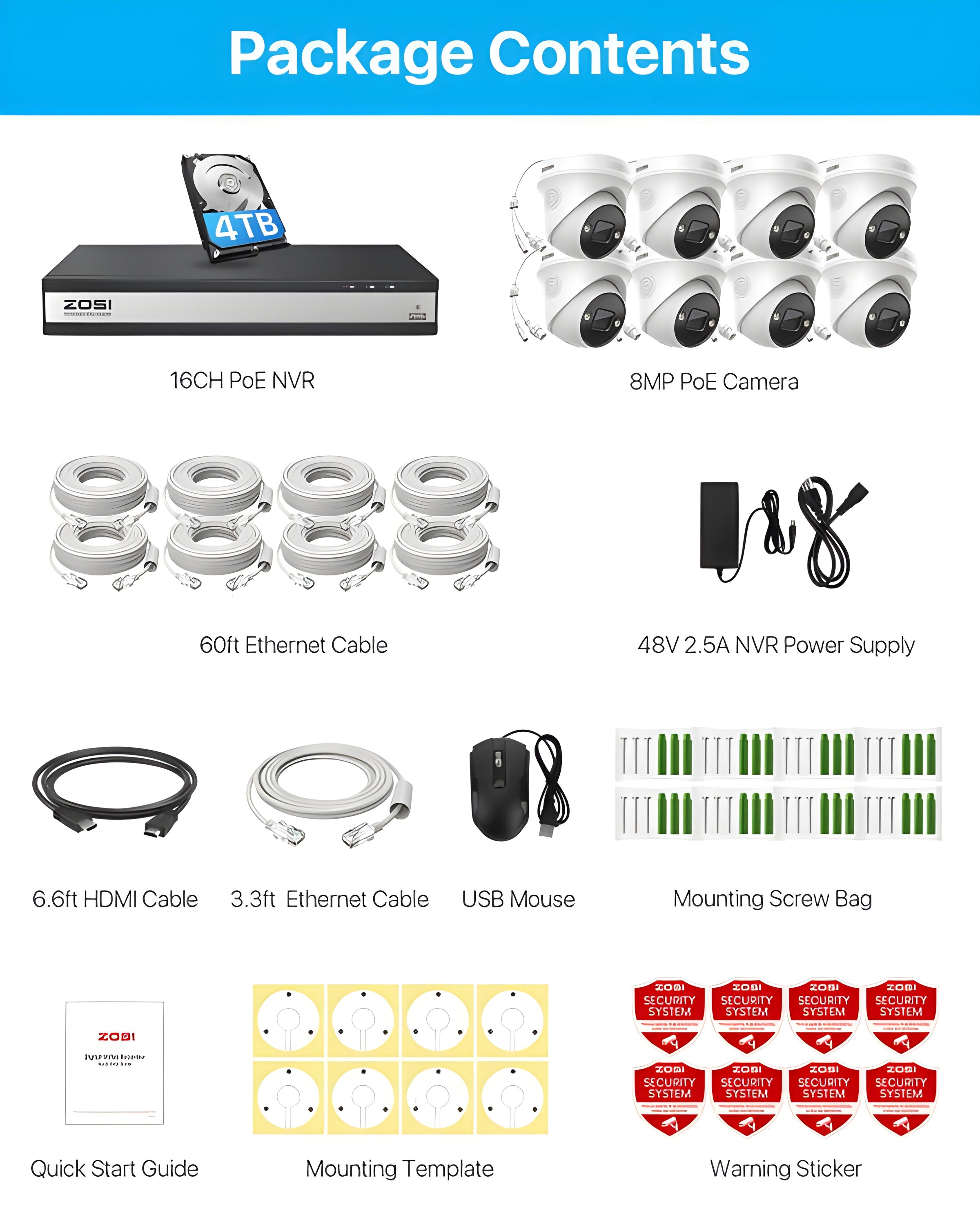 Zosi C225 4K 16 Channel PoE NVR Security System + 4TB Hard Drive - C225 4K 161