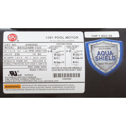 Nidec ASB2982 Motor, US Motor, 1.0hp, 230v, 2-SPD, 56Yfr, SQFL, Full - ASB2982