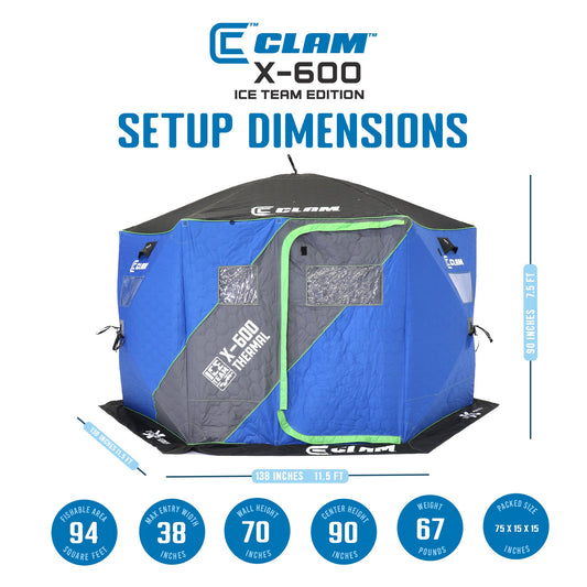 CLAM X-600 Portable 11.5' 6 Person Ice Team Thermal Hub Shelter w/Dimmable Light - 320784