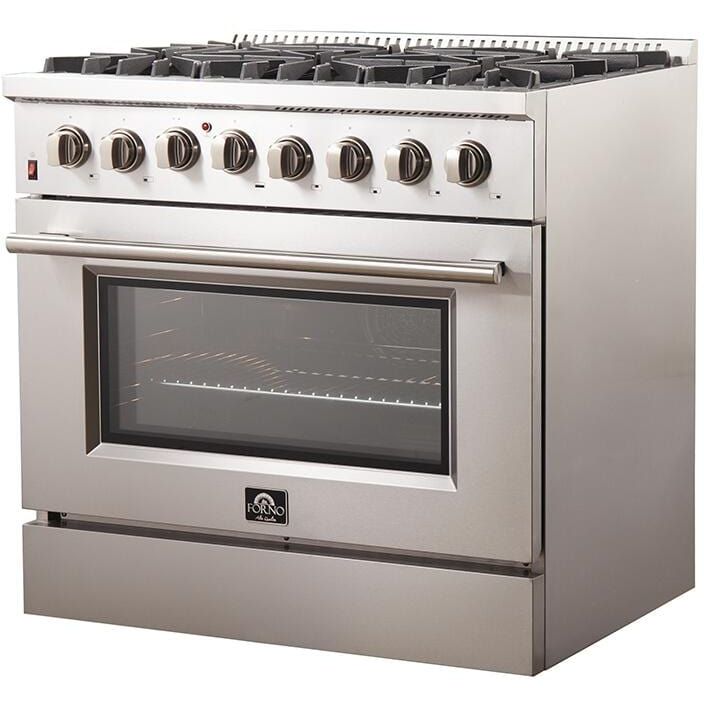 Forno Appliace Package - 36 Inch Dual Fuel Range, Wall Mount Range Hood, Refrigerator, Microwave Drawer, Dishwasher, AP-FFSGS6156-36-8