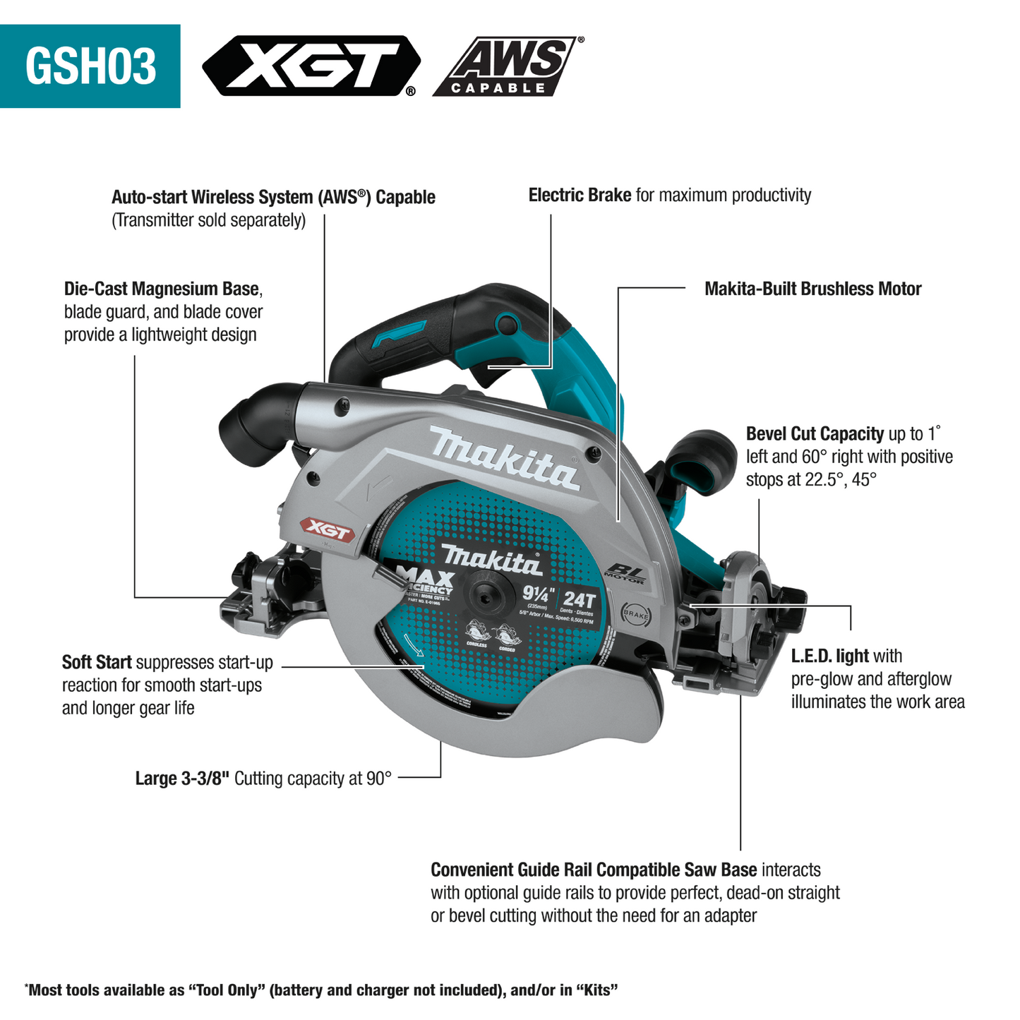 Makita 40V Max XGT 9‑1/4" Circular Saw with Guide Rail Compatible Base (Bare Tool) - GSH03Z