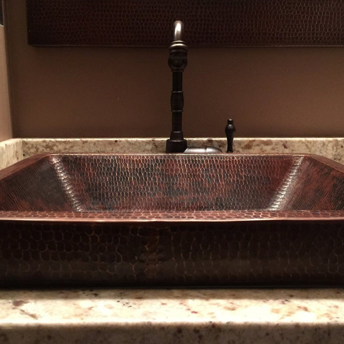 Rustic Premier Copper 19 in. Rectangle Skirted Vessel Hammered Copper Sink - VREC19SKDB