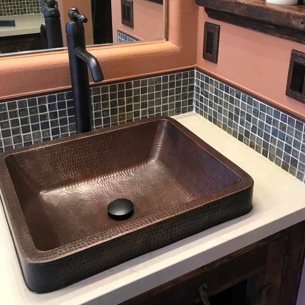 Rustic Premier Copper 19 in. Rectangle Skirted Vessel Hammered Copper Sink - VREC19SKDB