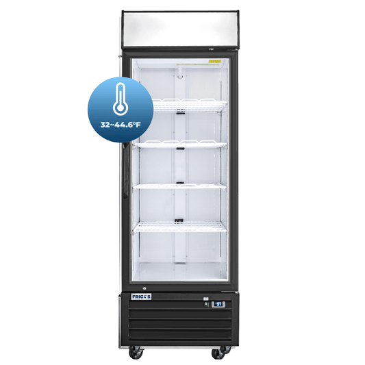 Frigos Merchandiser Refrigerator 27" Width Black Swing Glass 1 Door with LED Lighting with Aluminum Interior with 304 Stainless Steel Floor - FG-MR-1D-G