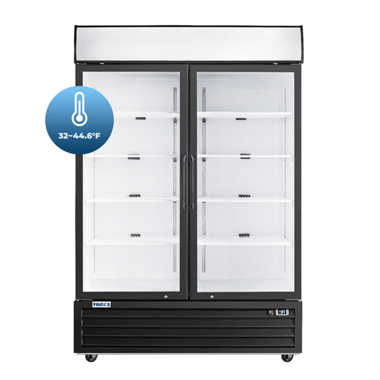Frigos Merchandiser Refrigerator 54" Width Black Swing Glass 2 Door with LED Lighting with Aluminum Interior with 304 Stainless Steel Floor - FG-MR-2D-G