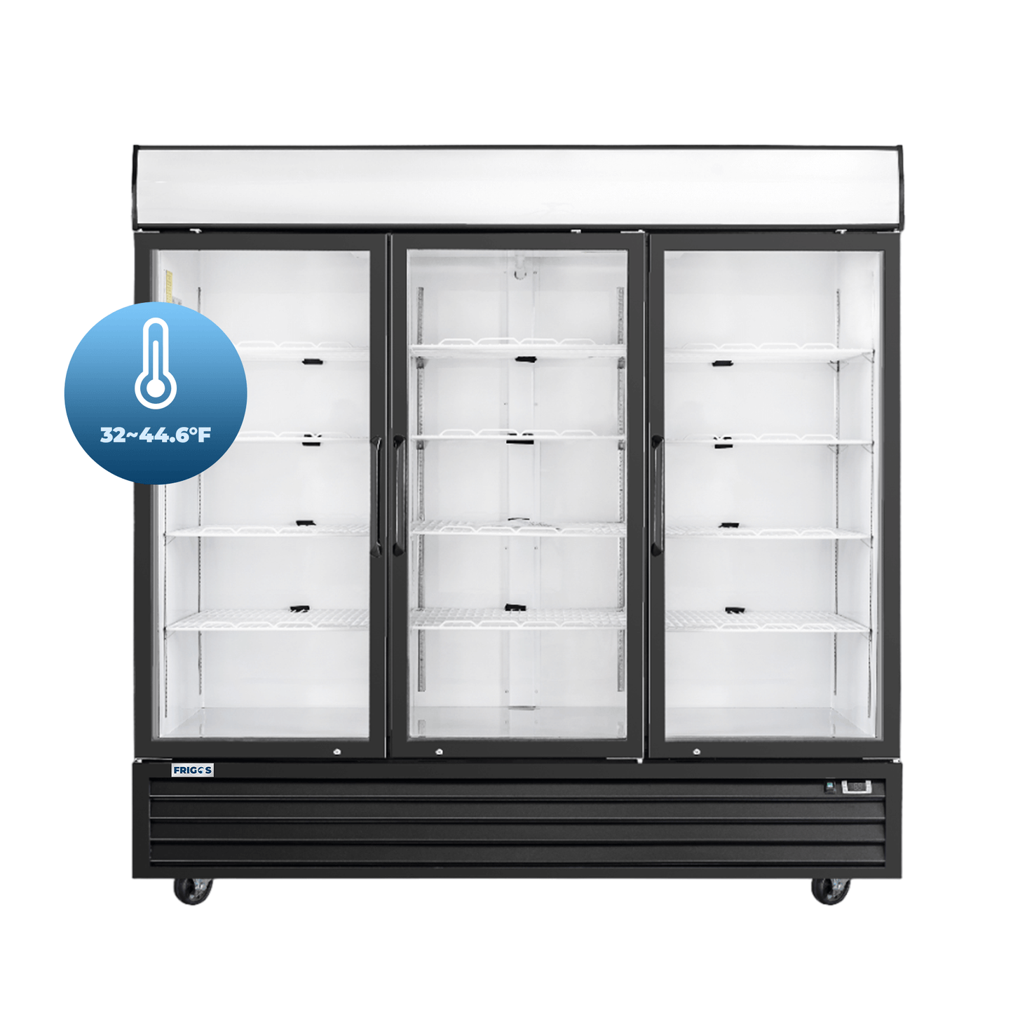 Frigos Commercial Merchandising Refrigerator 80" Width Black Swing Glass 3 Door with LED Lighting with Aluminum Interior with 304 Stainless Steel Floor - FG-MR-3D-G