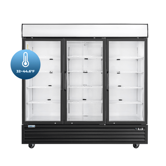 Frigos Commercial Merchandising Refrigerator 80" Width Black Swing Glass 3 Door with LED Lighting with Aluminum Interior with 304 Stainless Steel Floor - FG-MR-3D-G