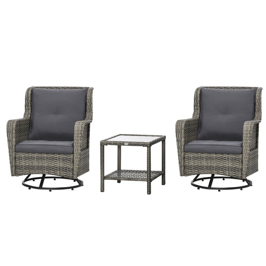 Outsunny 3 Pieces Patio Bistro Set with Glass Coffee Table and Swivel Porch Chairs, Gray - 863-113V00GG
