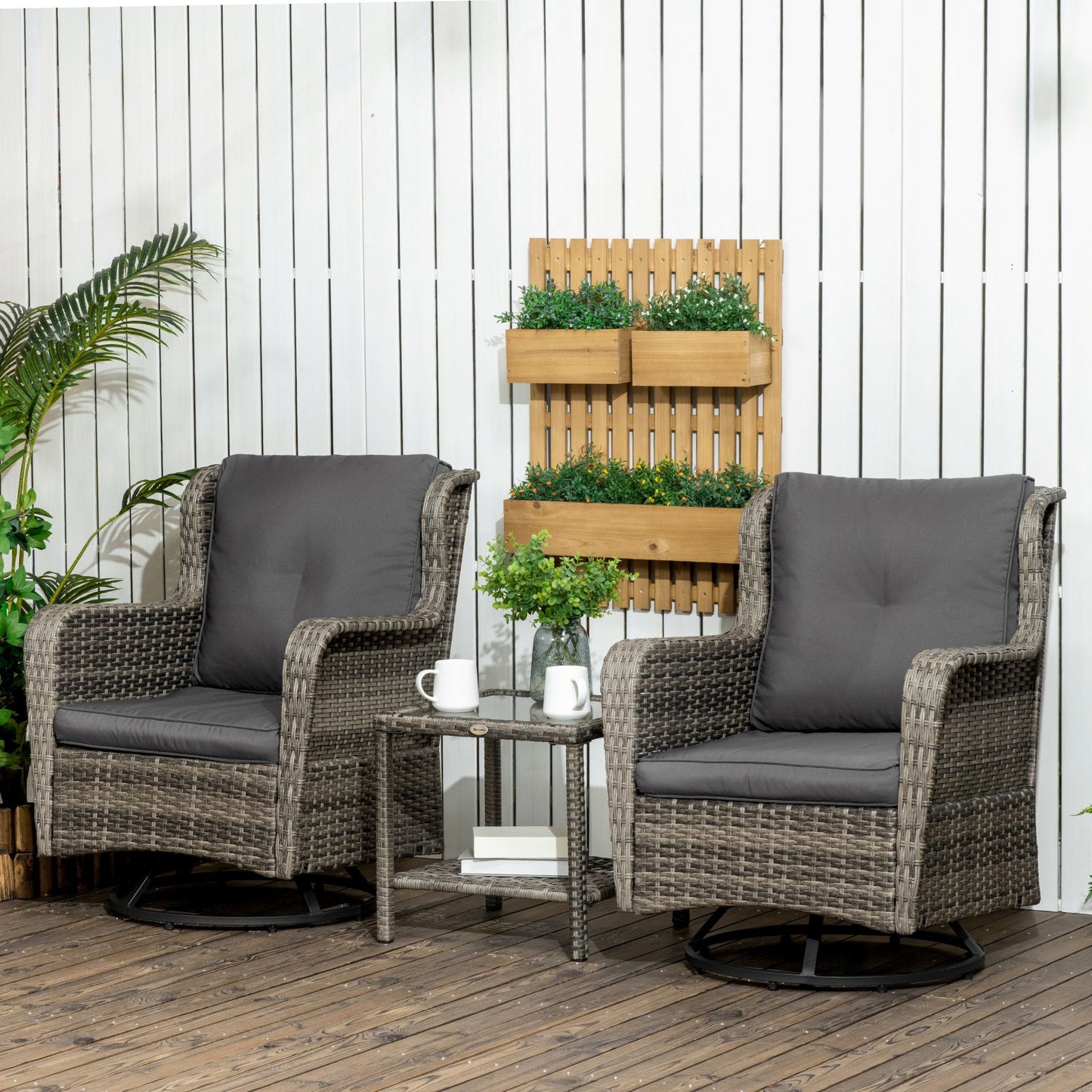 Outsunny 3 Pieces Patio Bistro Set with Glass Coffee Table and Swivel Porch Chairs, Gray - 863-113V00GG