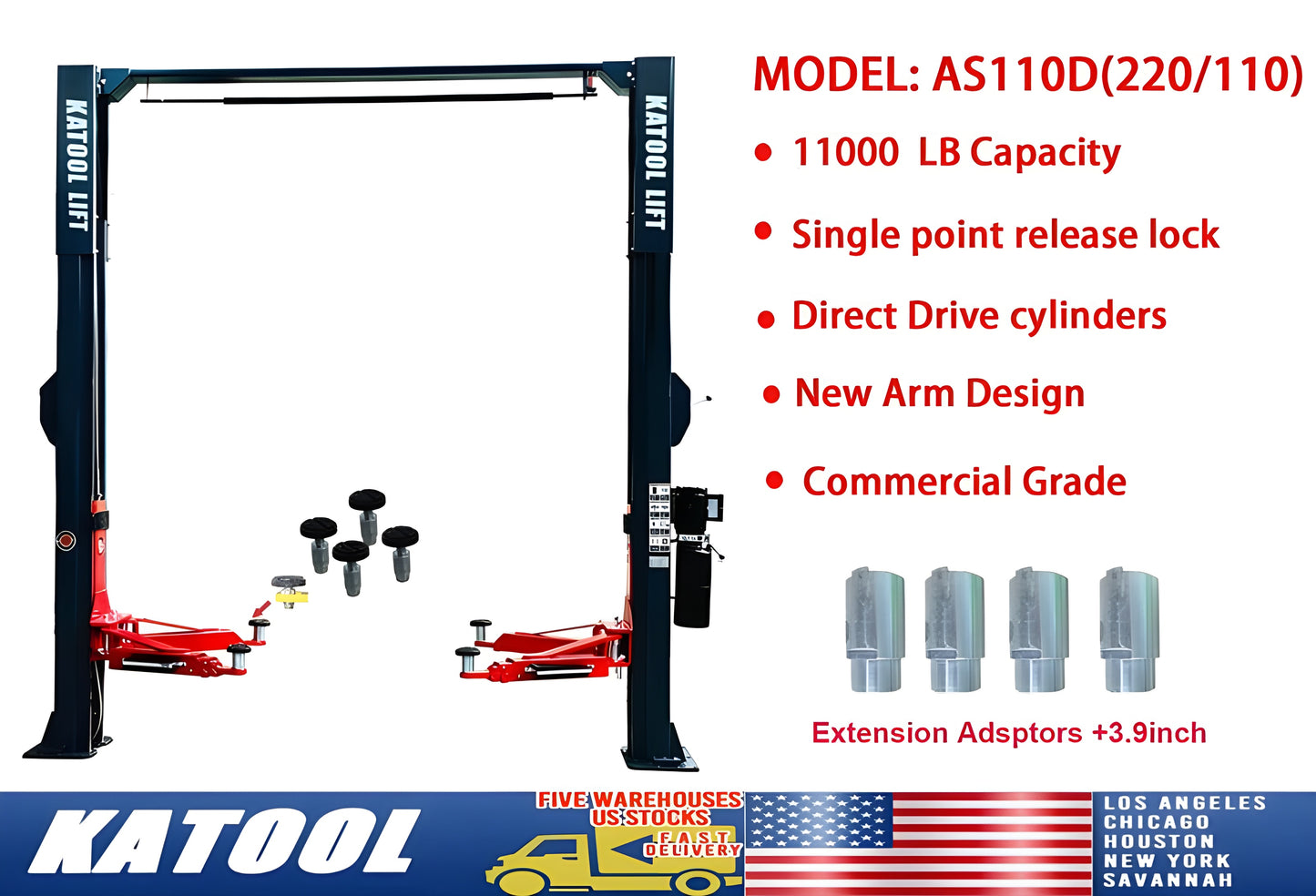 Katool Two Post Asymmetrical Vehicle Lift 11,000lbs Single Point Lock Release - KT-AS110D