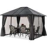 10x12 Outdoor Hardtop Gazebo Aluminum Frame Polycarbonate Top Canopy with Curtains and Netting - B0CHRVHD5S