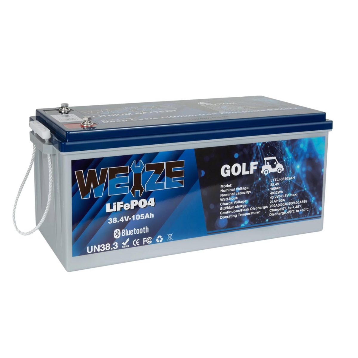 WEIZE 36V 105AH Bluetooth LiFePO4 Lithium Battery, Built-in 200A BMS, Low-Temp Protection Deep Cycle 400A/35S Peak Discharge Battery Perfect for Golf Cart, Trolling Motor, Solar System, RV, Off Grid - BAC-0125VWEI